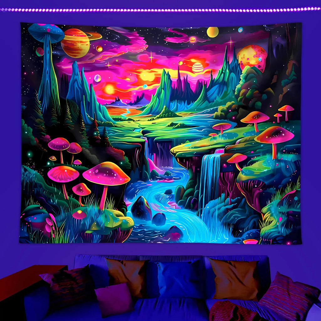 1pc Mushroom fluorescent tapestry, UV responsive landscape tapestry, space planet landscape tapestry, bedroom decoration