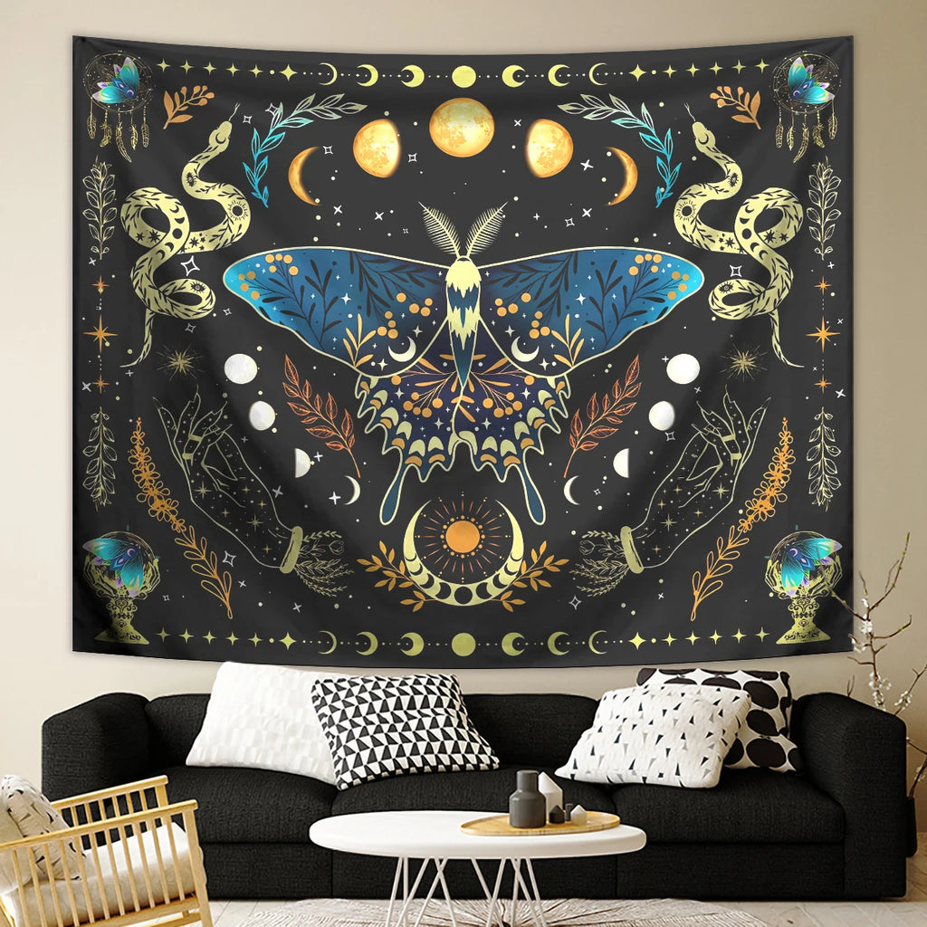 1pc Butterfly moon tapestry, Bohemian plant tapestry, aesthetic moth snake tapestry, retro plant starry sky tapestry