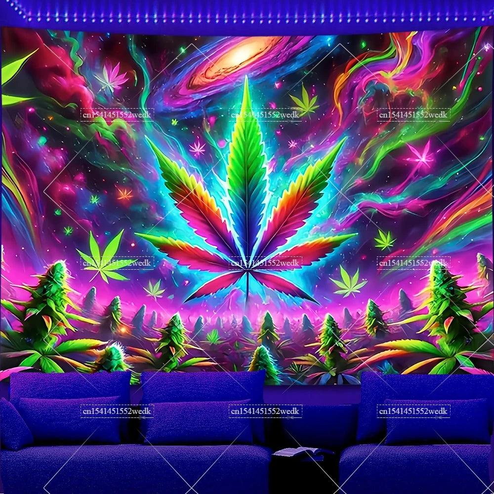Trippy Weed Blacklight Tapestry UV Reactive Alien Marijuana Leaf Tapestry Neon Skull Smoke Tapestry Aesthetic Tapestry For Room