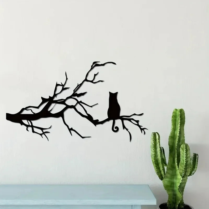 Charming Cat Metal Wall Art for Home Decor, Unique Bedroom Decoration, Cat Lovers Gift, Stylish Branch Cat Design