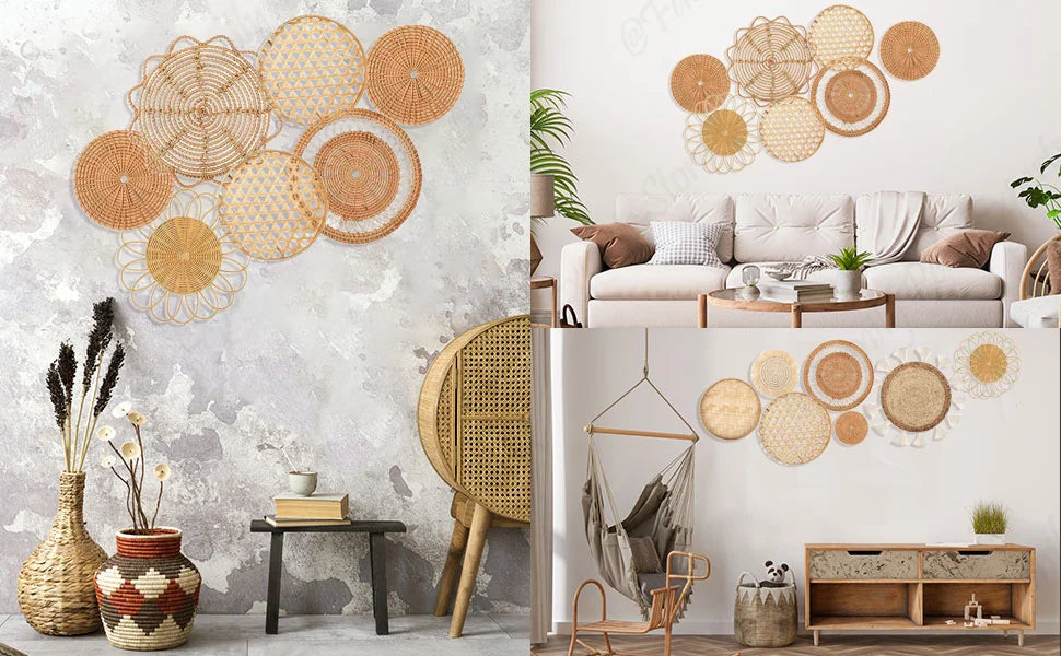 7Pcs Boho Rattan Wall Decor Hanging Woven Baskets Decor Bohemian Home Decor Handmade Wicker Wall Decor for Bedroom Farmhouse