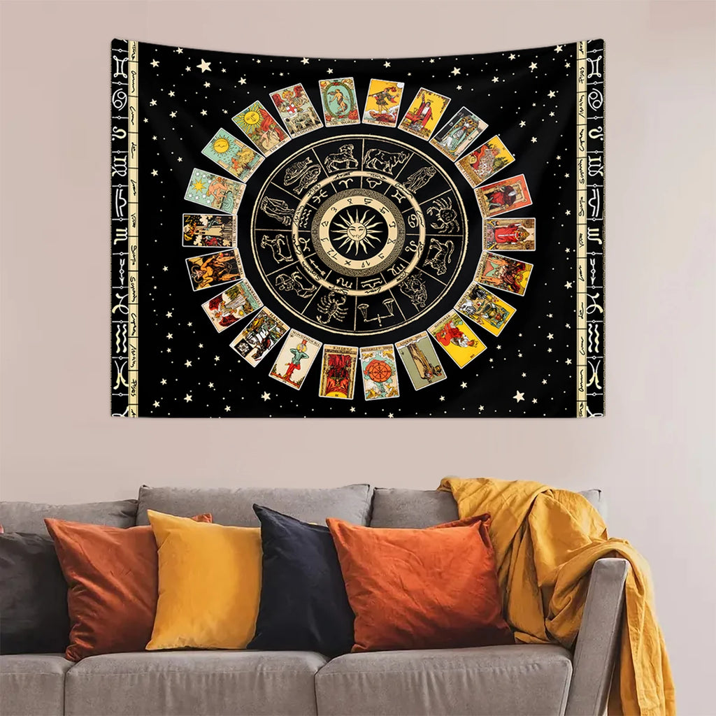 1pc Tarot Card Tapestry, Twelve Constellations Tapestry, Sun Moon Starry Sky Tapestry, Altar Witchcraft Divination Set Tapestry