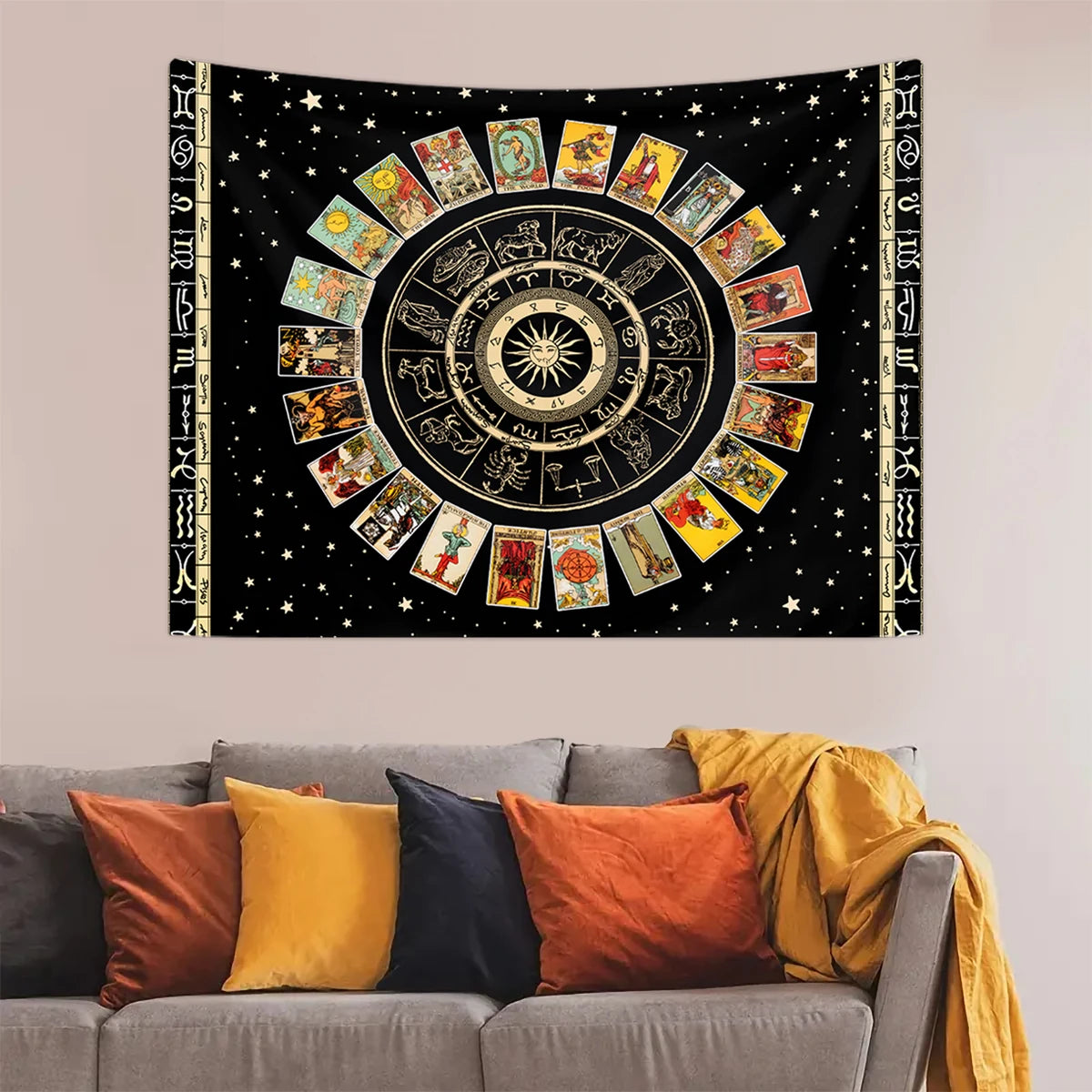 1pc Tarot Card Tapestry, Twelve Constellations Tapestry, Sun Moon Starry Sky Tapestry, Altar Witchcraft Divination Set Tapestry