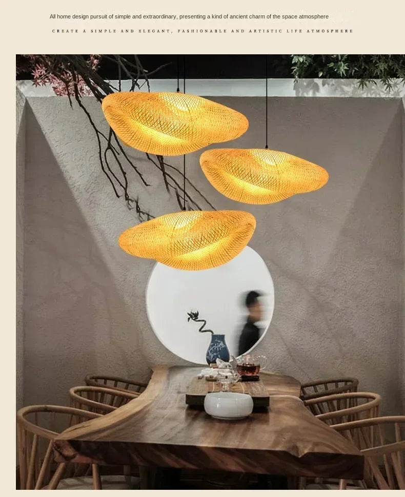 Bamboo Hand Weaving Pendant Lights 40/60/80cm Hanging LED Ceiling Lamp Chandelier Fixture Rattan Hand Craft Woven Bedroom Decor