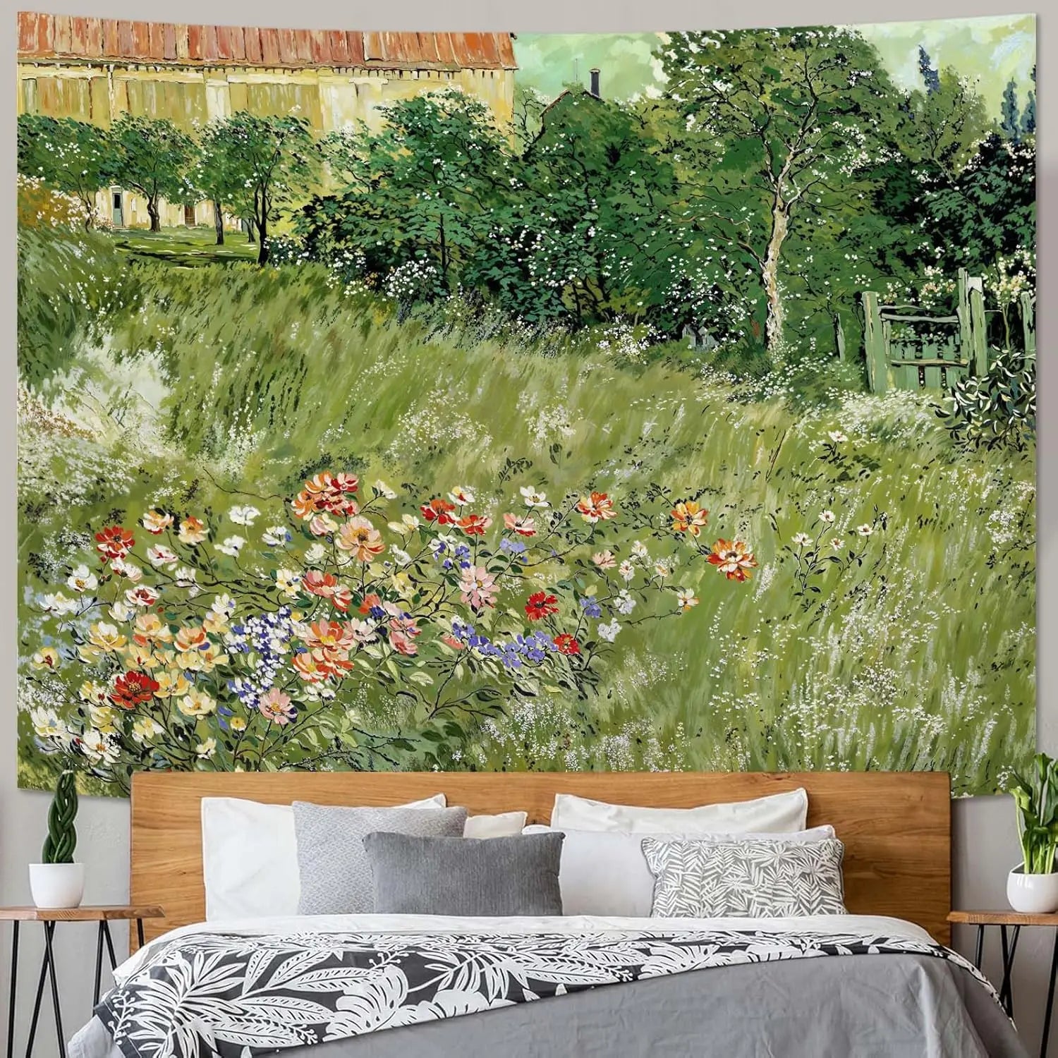 Monet Tapestry Impressionist Art Landscape Tapestry for Bedroom Vintage Green Floral Garden Tapestries Wall Hanging for Living