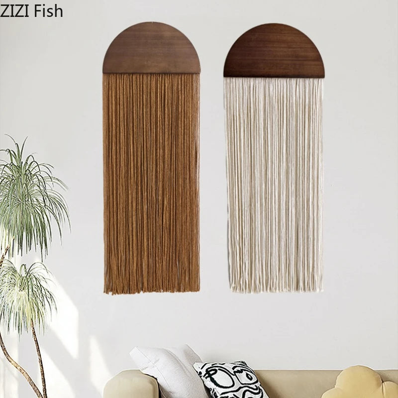 Hand Woven Tapestry Half Circle Wooden Board Tassel Tapestry Wall Decoration Homestay Pendant Wall Mounted Ornament Hangings