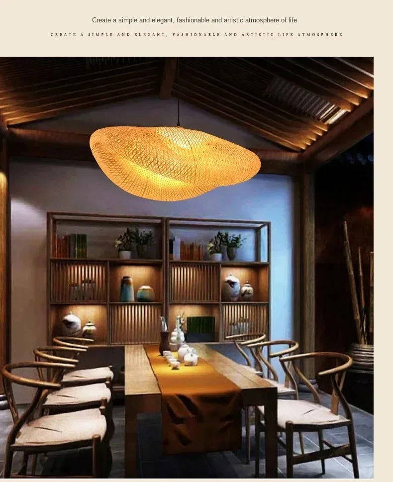 Bamboo Hand Weaving Pendant Lights 40/60/80cm Hanging LED Ceiling Lamp Chandelier Fixture Rattan Hand Craft Woven Bedroom Decor