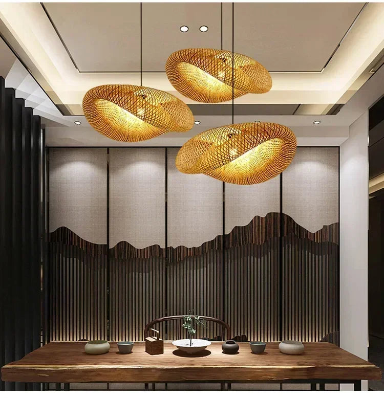 Bamboo Hand Weaving Pendant Lights 40/60/80cm Hanging LED Ceiling Lamp Chandelier Fixture Rattan Hand Craft Woven Bedroom Decor