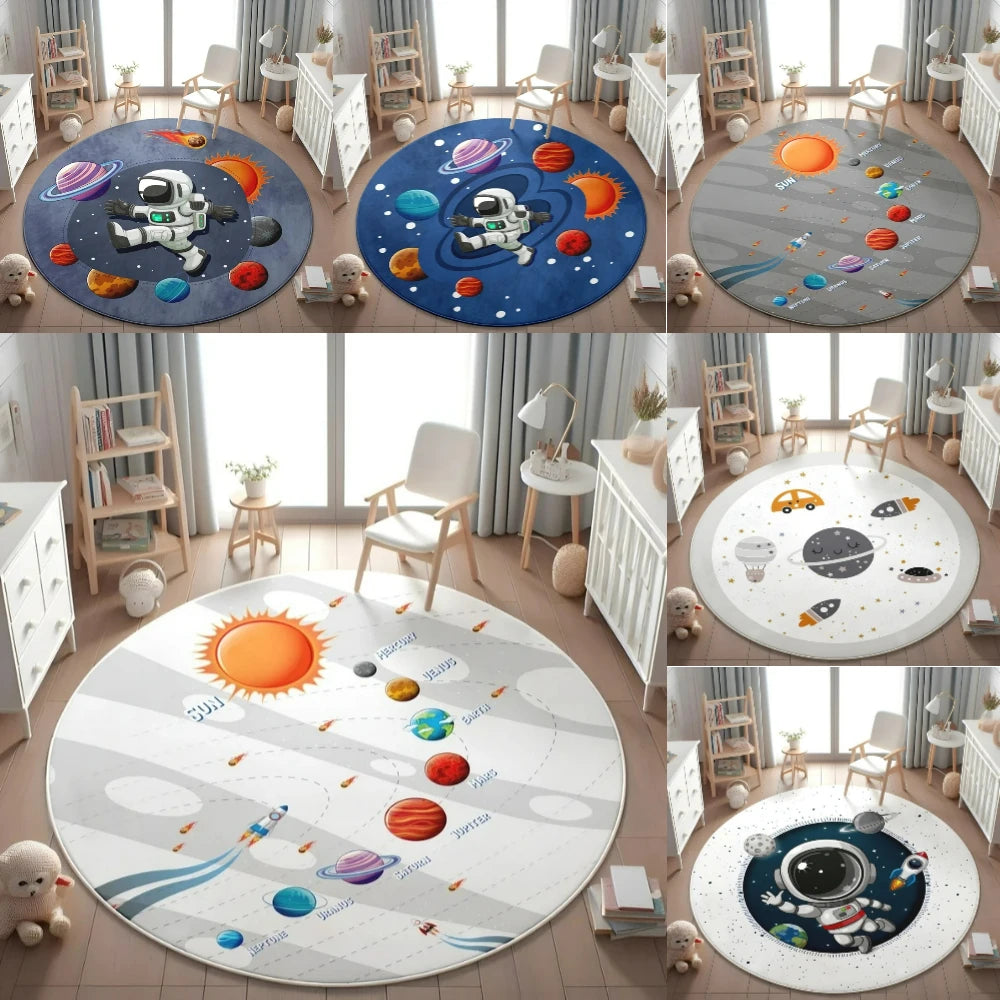 Planets Astronauts Playmat Round Rug  Living Room Decor Sofa Rug Kid's Play Mat Boys Bedroom Bedside Rug Play Reading Area Rug
