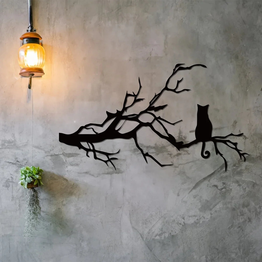 Charming Cat Metal Wall Art for Home Decor, Unique Bedroom Decoration, Cat Lovers Gift, Stylish Branch Cat Design