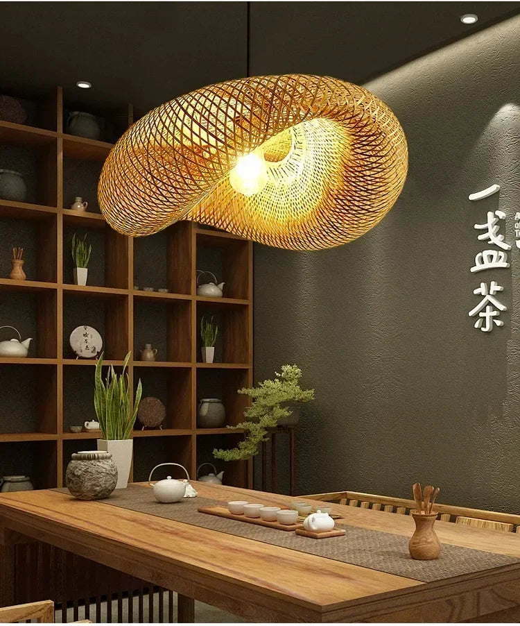 Bamboo Hand Weaving Pendant Lights 40/60/80cm Hanging LED Ceiling Lamp Chandelier Fixture Rattan Hand Craft Woven Bedroom Decor