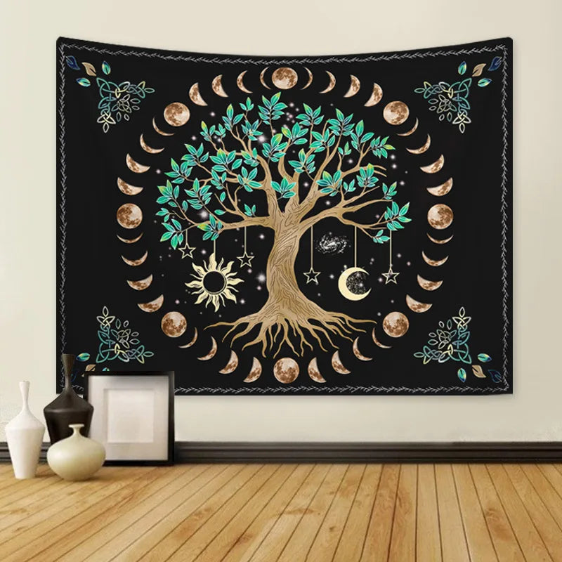 Wall Hanging Tapestry Aesthetic Tree of Life Tapestry Moon Phase Flowers Plants Tapestry Decro for Bedroom Dorm Living Room