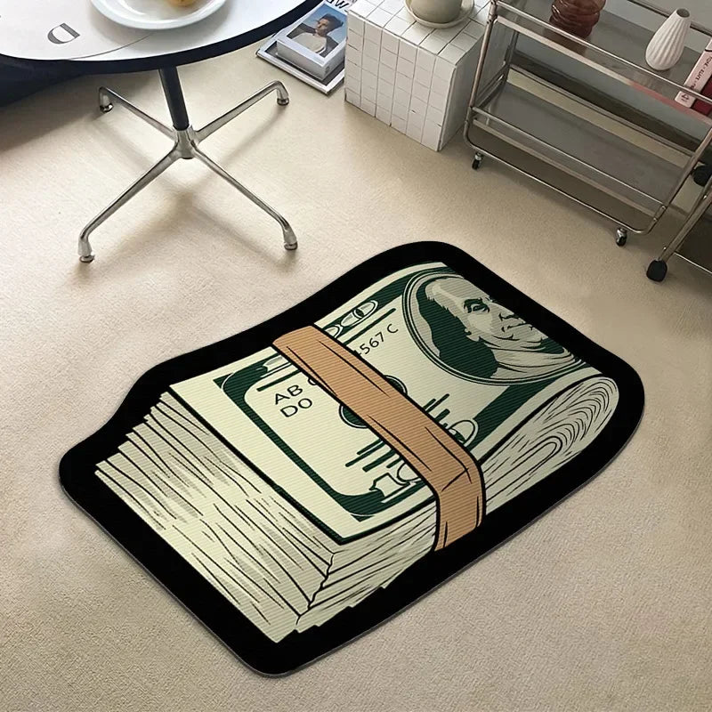 VIKAMA Irregular Money Stack Shaped Area Rug Vintage Dollar Bill Print Non Slip Floor Mat Funny Cartoon Cash Carpet Bedroom Rug