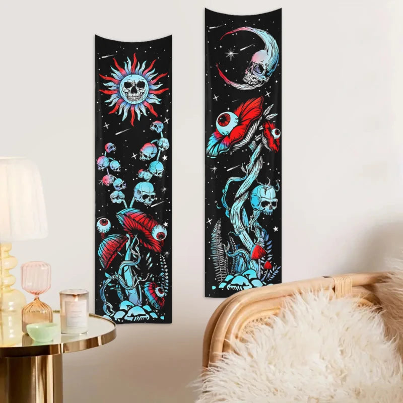 2pcs,Skeleton mushroom tapestry, abstract eye tapestry, sun, moon, starry sky tapestry, plant tapestry aesthetic wall hanging