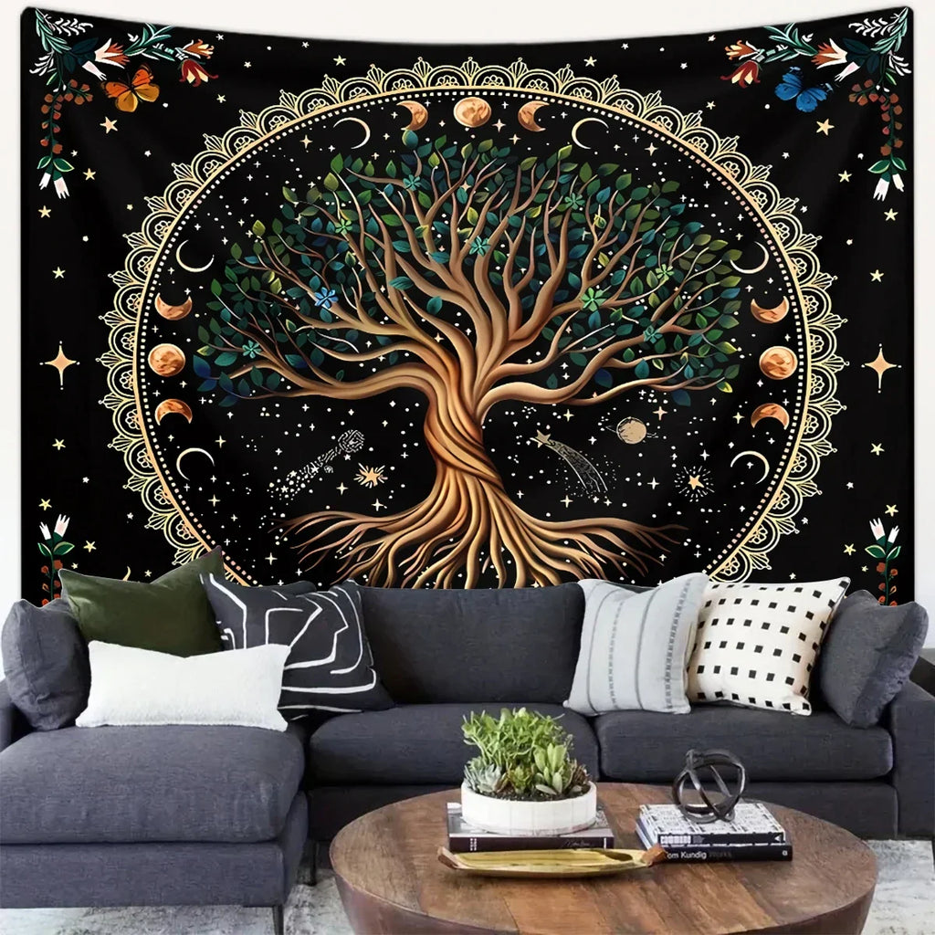 1pc Life Tree Tapestry, Moon Phase Tapestry, Bohemian Wind Starry Sky Tapestry, Fantasy Universe Planet Tapestry
