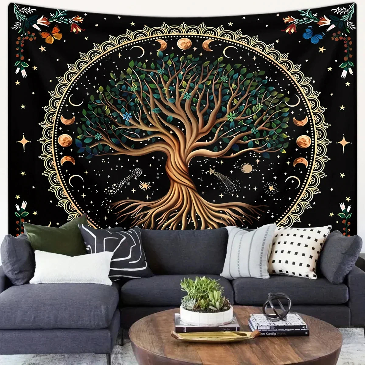 1pc Life Tree Tapestry, Moon Phase Tapestry, Bohemian Wind Starry Sky Tapestry, Fantasy Universe Planet Tapestry