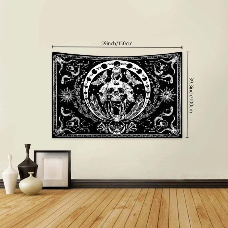 1pc Black and white skull tapestry, moth tapestry, tarot card sun moon constellation tapestry, Halloween horror tapestry