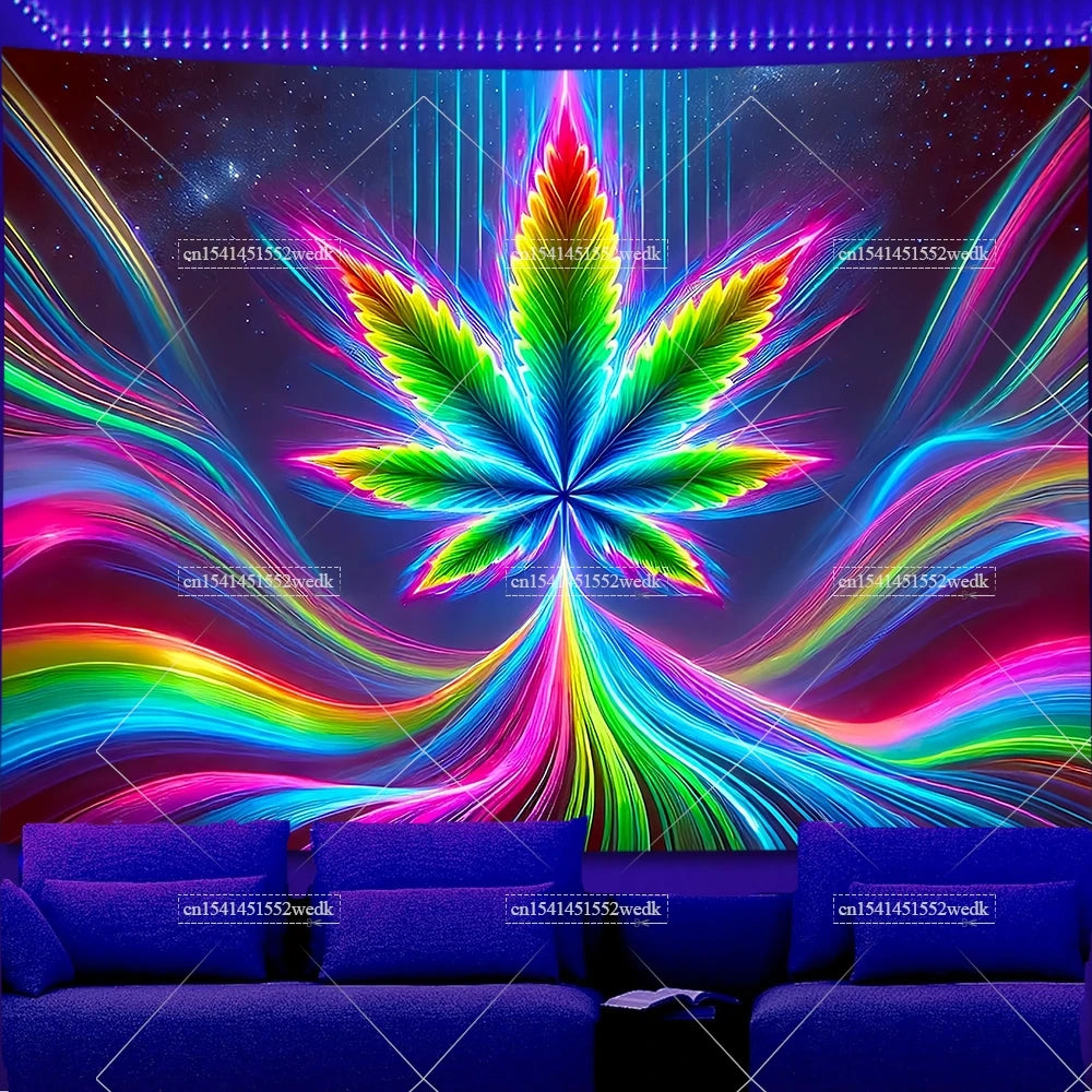 Trippy Weed Blacklight Tapestry UV Reactive Alien Marijuana Leaf Tapestry Neon Skull Smoke Tapestry Aesthetic Tapestry For Room