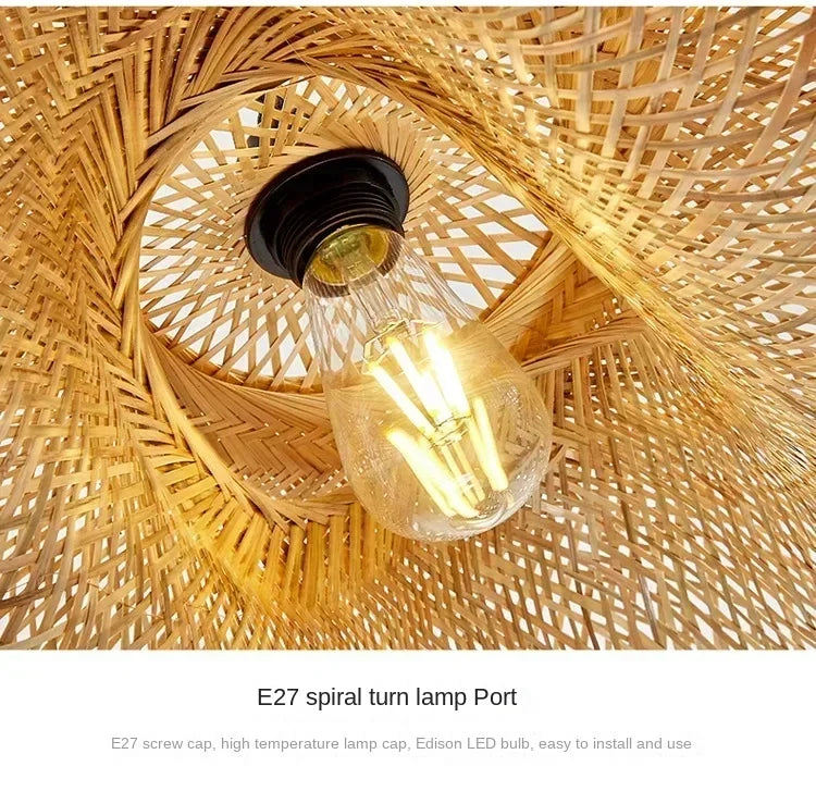 Bamboo Hand Weaving Pendant Lights 40/60/80cm Hanging LED Ceiling Lamp Chandelier Fixture Rattan Hand Craft Woven Bedroom Decor