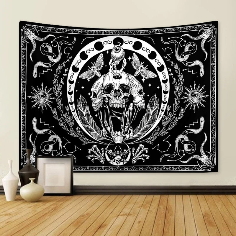 1pc Black and white skull tapestry, moth tapestry, tarot card sun moon constellation tapestry, Halloween horror tapestry