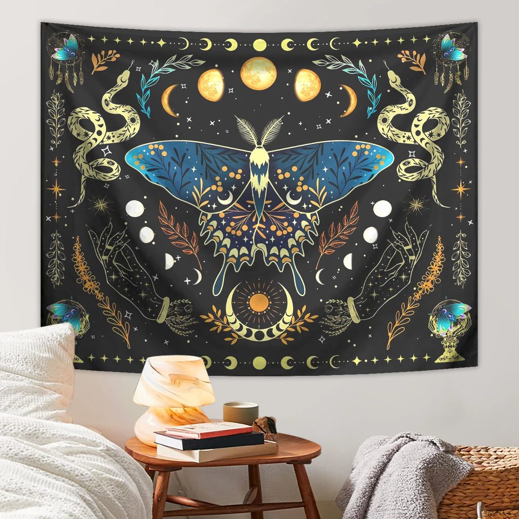 1pc Butterfly moon tapestry, Bohemian plant tapestry, aesthetic moth snake tapestry, retro plant starry sky tapestry