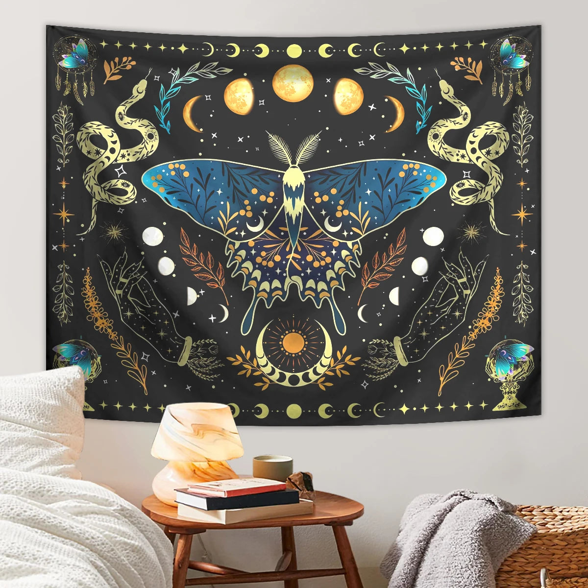 1pc Butterfly moon tapestry, Bohemian plant tapestry, aesthetic moth snake tapestry, retro plant starry sky tapestry