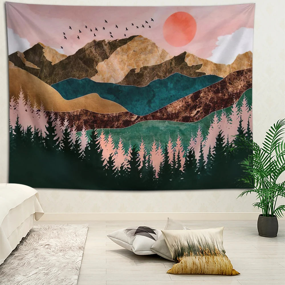 1pc 100x150cm Mountain Tapestry Forest Tapestry Sunset Tapestry Nature Landscape Tapestry Stars Tapastry Wall Hanging for Room
