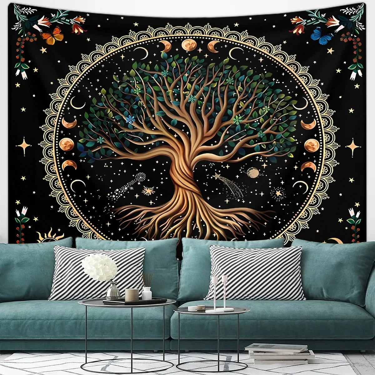 1pc Life Tree Tapestry, Moon Phase Tapestry, Bohemian Wind Starry Sky Tapestry, Fantasy Universe Planet Tapestry