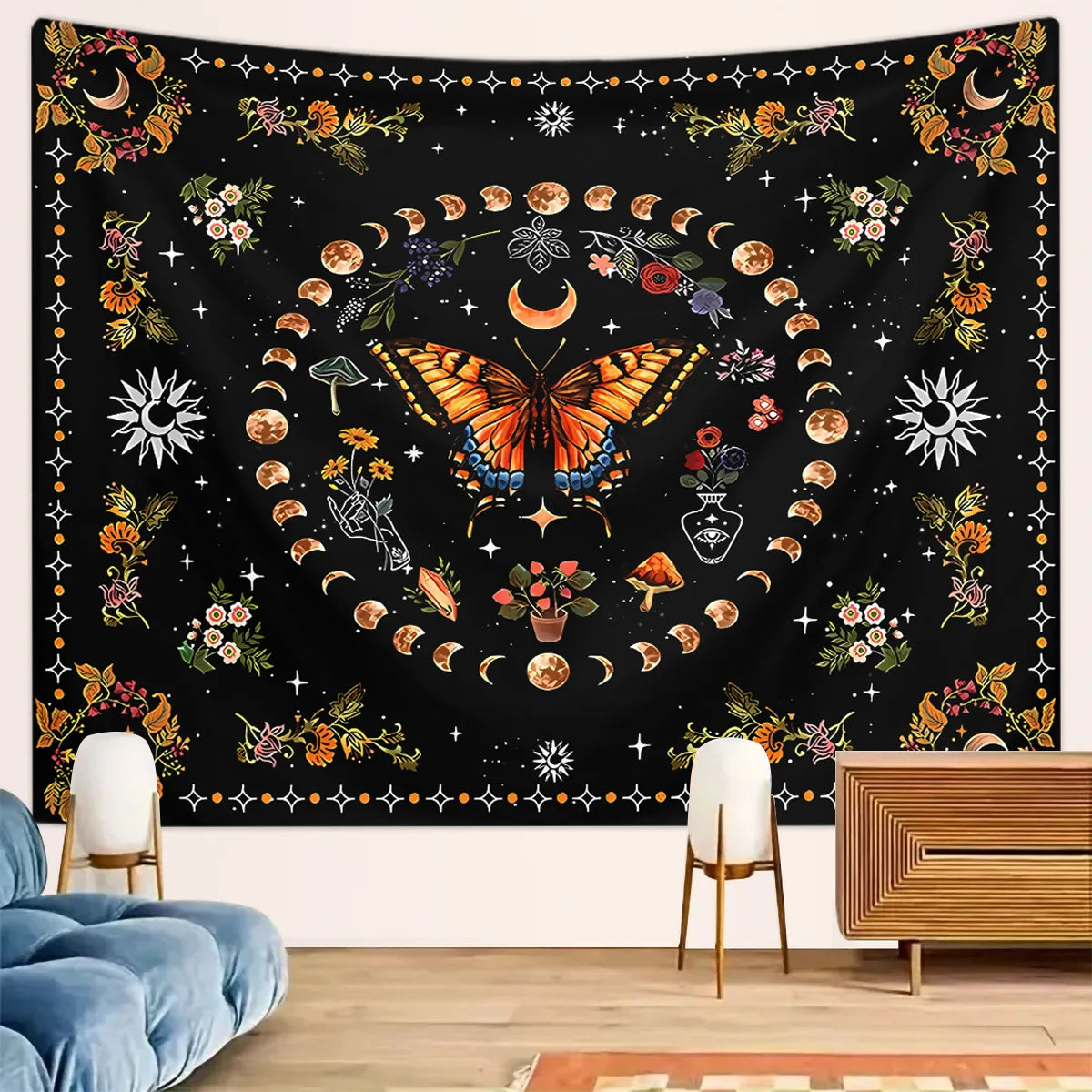 Wall Hanging Tapestry Aesthetic Tree of Life Tapestry Moon Phase Flowers Plants Tapestry Decro for Bedroom Dorm Living Room