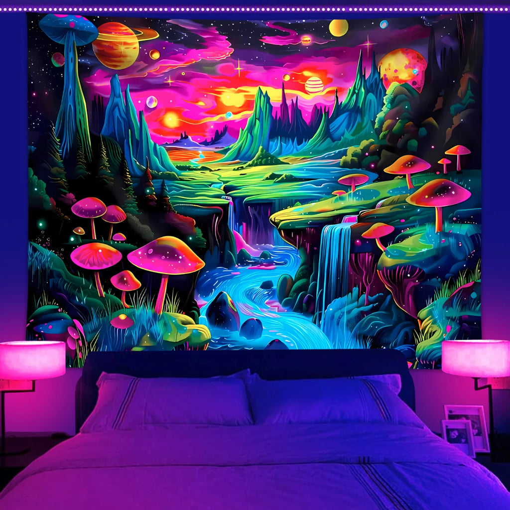 1pc Mushroom fluorescent tapestry, UV responsive landscape tapestry, space planet landscape tapestry, bedroom decoration