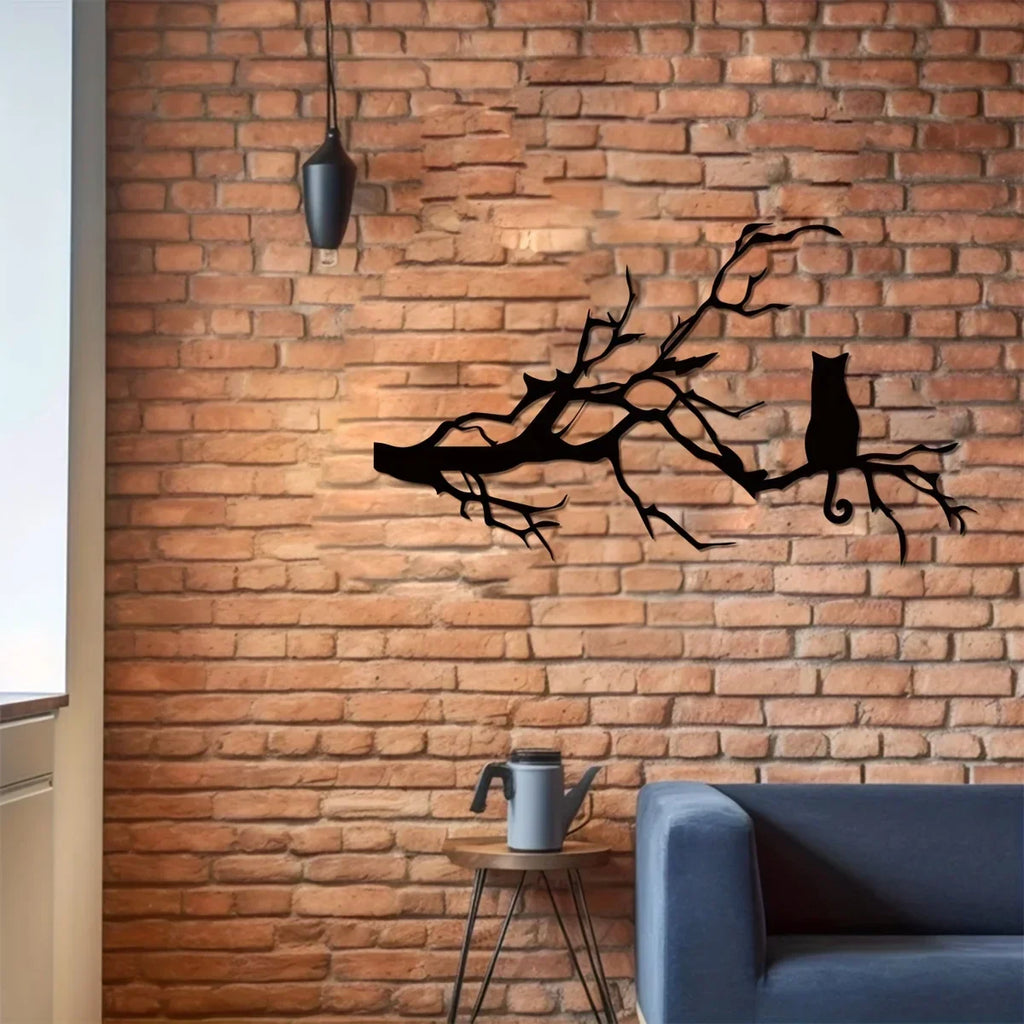 Charming Cat Metal Wall Art for Home Decor, Unique Bedroom Decoration, Cat Lovers Gift, Stylish Branch Cat Design