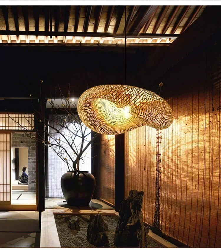 Bamboo Hand Weaving Pendant Lights 40/60/80cm Hanging LED Ceiling Lamp Chandelier Fixture Rattan Hand Craft Woven Bedroom Decor