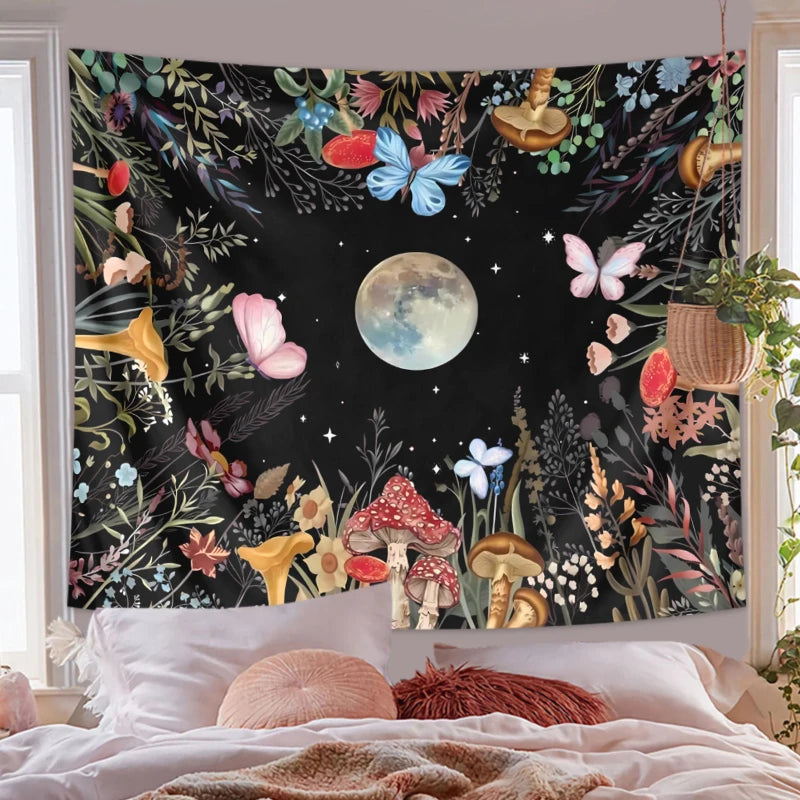 1pc Moonlight garden tapestry, moon flower tapestry, colorful plant tapestry