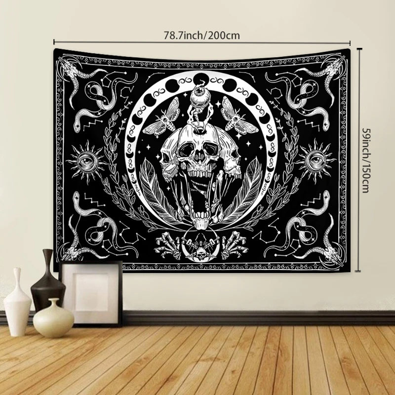1pc Black and white skull tapestry, moth tapestry, tarot card sun moon constellation tapestry, Halloween horror tapestry