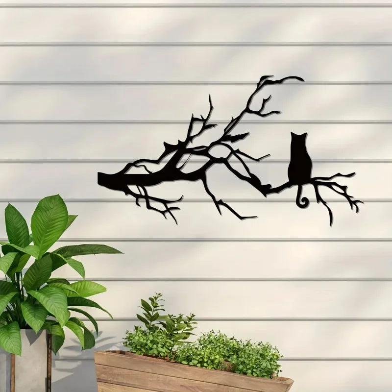Charming Cat Metal Wall Art for Home Decor, Unique Bedroom Decoration, Cat Lovers Gift, Stylish Branch Cat Design