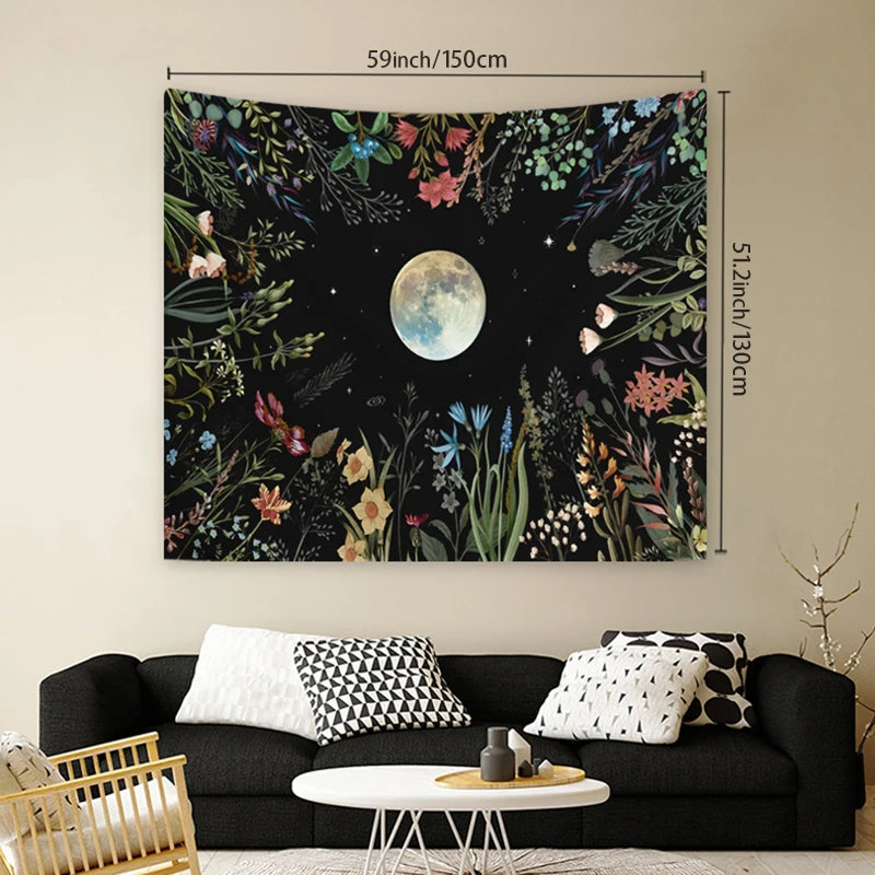 1pc Moonlight garden tapestry, moon flower tapestry, colorful plant tapestry