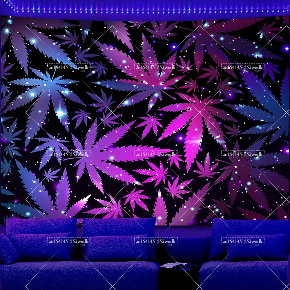 Trippy Weed Blacklight Tapestry UV Reactive Alien Marijuana Leaf Tapestry Neon Skull Smoke Tapestry Aesthetic Tapestry For Room