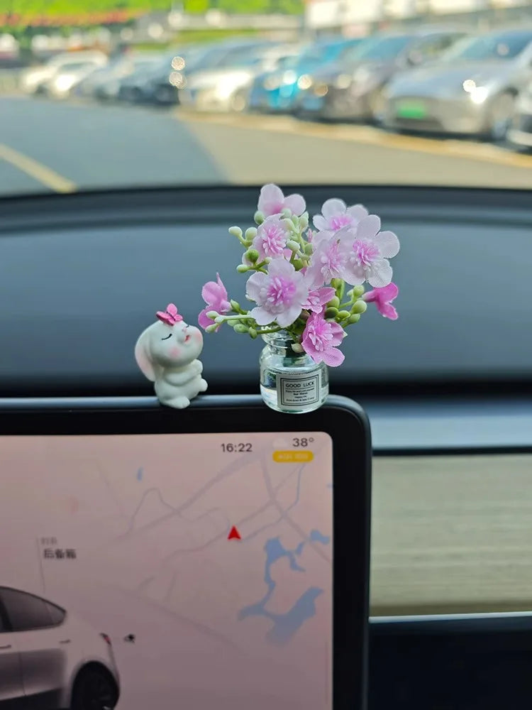 Spring Car Interior Decor - Adorable Resin Dashboard Vase, Mini Cute Window Sill Flower Pot with Car Healing Doll Ornaments