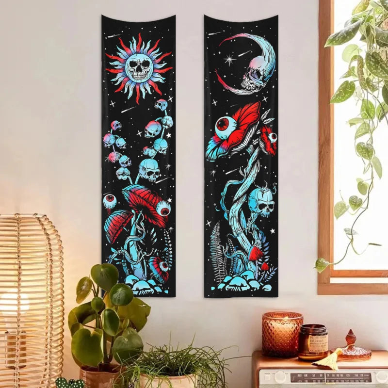 2pcs,Skeleton mushroom tapestry, abstract eye tapestry, sun, moon, starry sky tapestry, plant tapestry aesthetic wall hanging