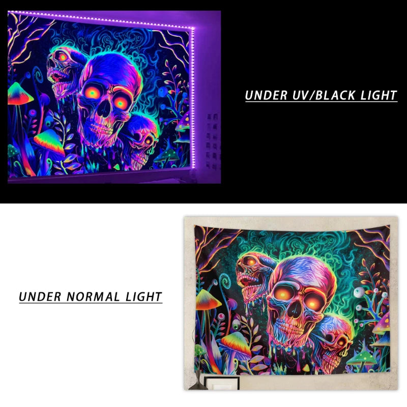 1pc Skeleton flower fluorescent tapestry, UV tapestry, plant mushroom tapestry, bedroom aesthetic decoration wall hanging