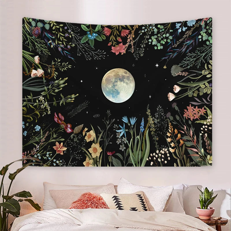 1pc Moonlight garden tapestry, moon flower tapestry, colorful plant tapestry