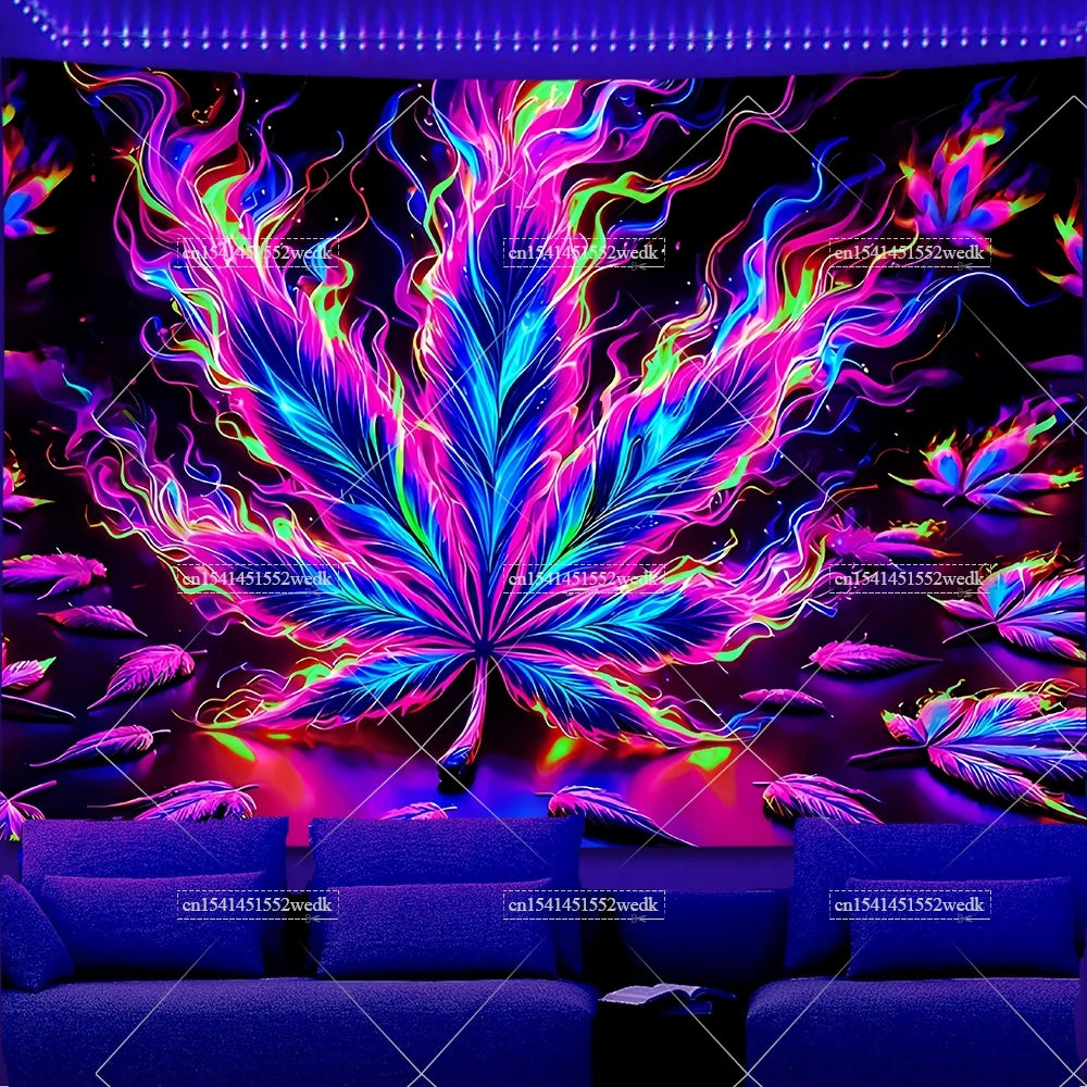 Trippy Weed Blacklight Tapestry UV Reactive Alien Marijuana Leaf Tapestry Neon Skull Smoke Tapestry Aesthetic Tapestry For Room