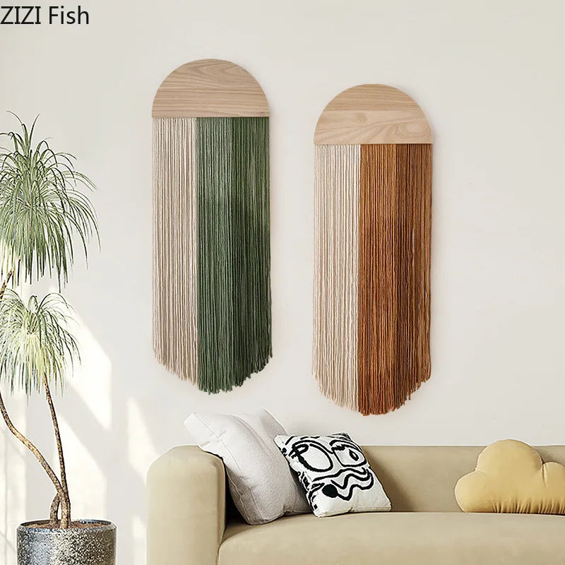 Hand Woven Tapestry Half Circle Wooden Board Tassel Tapestry Wall Decoration Homestay Pendant Wall Mounted Ornament Hangings