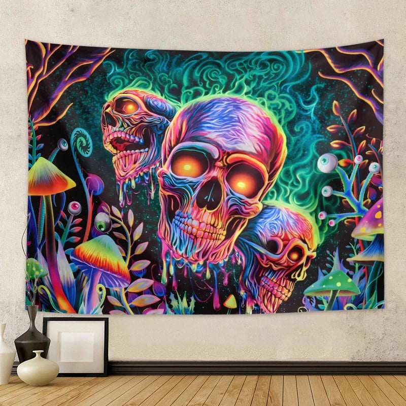 1pc Skeleton flower fluorescent tapestry, UV tapestry, plant mushroom tapestry, bedroom aesthetic decoration wall hanging