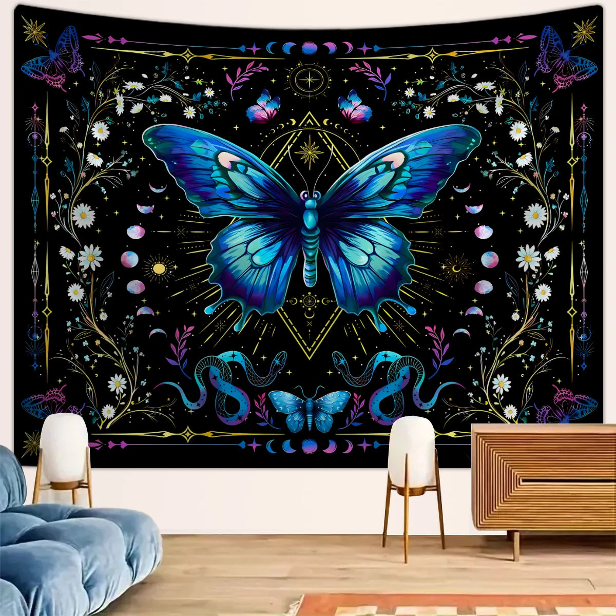 1pc Blue butterfly tapestry, Bohemian floral tapestry, plant tapestry, moon phase starry sky tapestry, beautiful tapestry