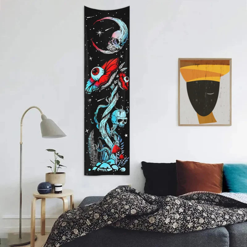 2pcs,Skeleton mushroom tapestry, abstract eye tapestry, sun, moon, starry sky tapestry, plant tapestry aesthetic wall hanging