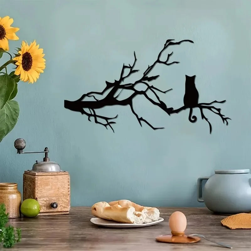 Charming Cat Metal Wall Art for Home Decor, Unique Bedroom Decoration, Cat Lovers Gift, Stylish Branch Cat Design