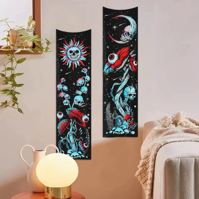 2pcs,Skeleton mushroom tapestry, abstract eye tapestry, sun, moon, starry sky tapestry, plant tapestry aesthetic wall hanging