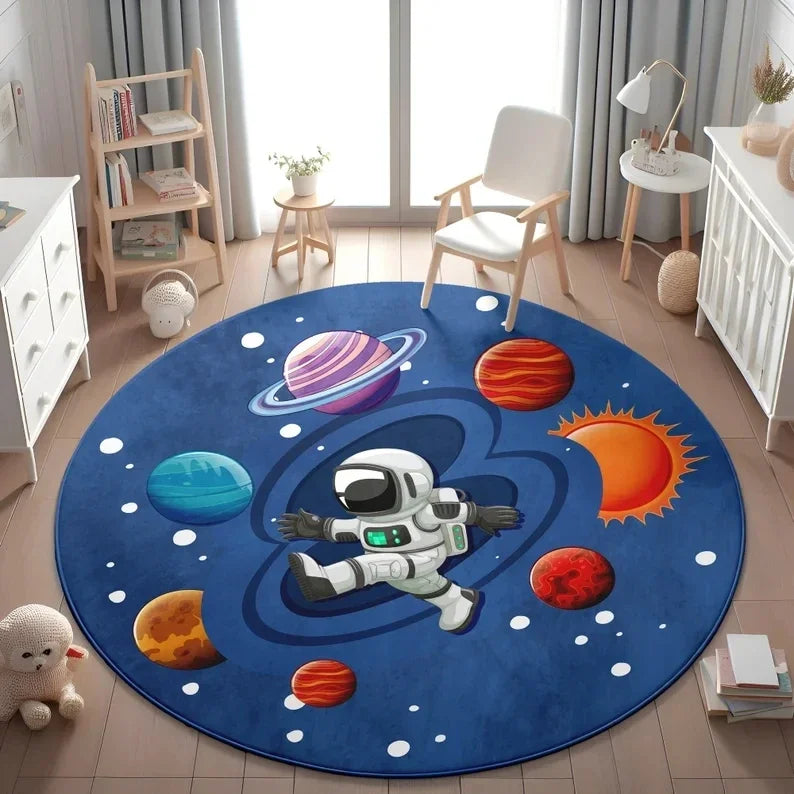 Planets Astronauts Playmat Round Rug  Living Room Decor Sofa Rug Kid's Play Mat Boys Bedroom Bedside Rug Play Reading Area Rug