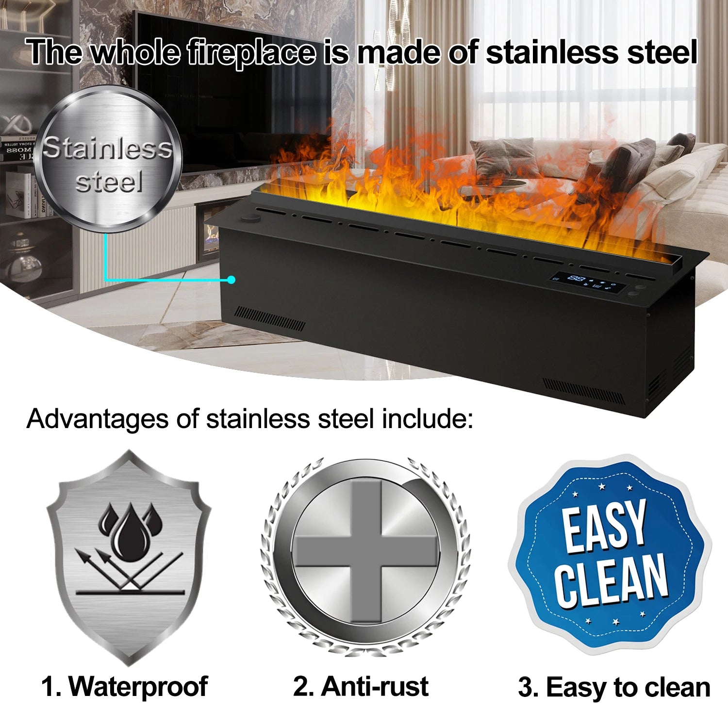 Modern 3D Steam Fireplace Silent Decorative Humidifier Electric Flame LED Water Vapor Fireplace Indoor Remote TV Wall Room Decor